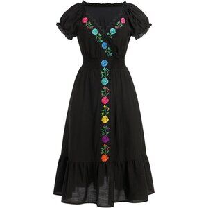Women Mexican Embroidered Dress Puff Sleeve V-Neck A-line Midi Boho Summer